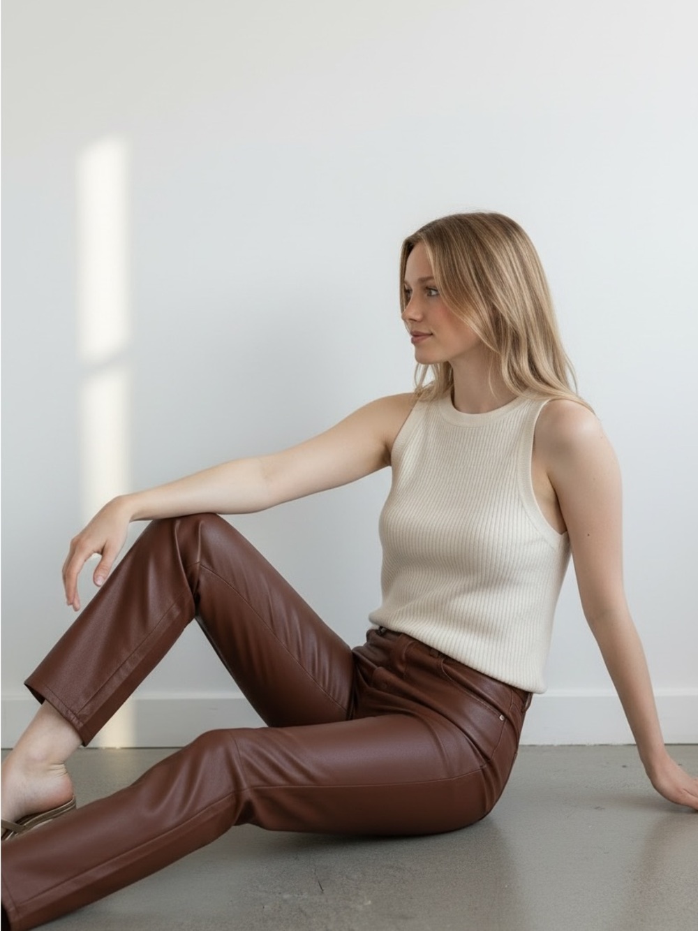 DANIELLE BERNSTEIN Brown Faux Leather Straight-Leg Jeans